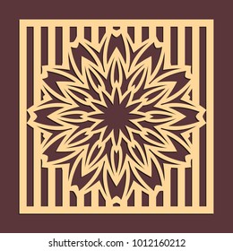 Laser cutting panel. Golden floral pattern. Gift or favor box silhouette ornament. Vector coaster design for metal, wood, paper work.