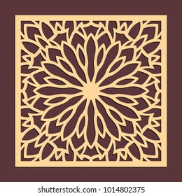 Laser cutting panel. Golden floral pattern. Gift or favor box silhouette ornament. Vector coaster design for metal, wood, paper work.
