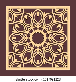 Laser cutting panel. Golden floral pattern. Gift or favor box silhouette ornament. Vector coaster design for metal, wood, paper work.