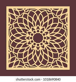 Laser cutting panel. Golden floral pattern. Gift or favor box silhouette ornament. Vector coaster design for metal, wood, paper work.