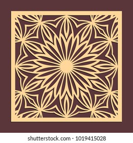 Laser cutting panel. Golden floral pattern. Gift or favor box silhouette ornament. Vector coaster design for metal, wood, paper work.