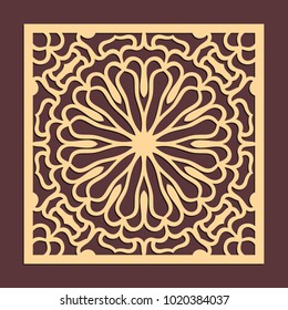 Laser cutting panel. Golden floral pattern. Gift or favor box silhouette ornament. Vector coaster design for metal, wood, paper work.