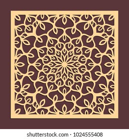 Laser cutting panel. Golden floral pattern. Gift or favor box silhouette ornament. Vector coaster design for metal, wood, paper work.