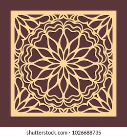 Laser cutting panel. Golden floral pattern. Gift or favor box silhouette ornament. Vector coaster design for metal, wood, paper work.