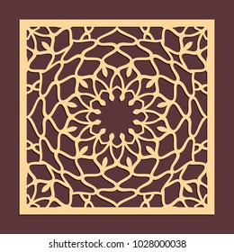Laser cutting panel. Golden floral pattern. Gift or favor box silhouette ornament. Vector coaster design for metal, wood, paper work.