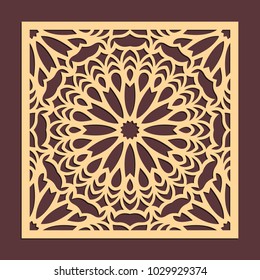 Laser cutting panel. Golden floral pattern. Gift or favor box silhouette ornament. Vector coaster design for metal, wood, paper work.