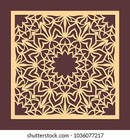 Laser cutting panel. Golden floral pattern. Gift or favor box silhouette ornament. Vector coaster design for metal, wood, paper work.