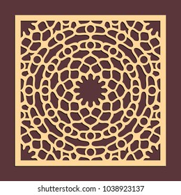 Laser cutting panel. Golden floral pattern. Gift or favor box silhouette ornament. Vector coaster design for metal, wood, paper work.