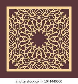 Laser cutting panel. Golden floral pattern. Gift or favor box silhouette ornament. Vector coaster design for metal, wood, paper work.