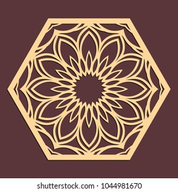 Laser cutting panel. Golden floral pattern. Gift or favor box silhouette ornament. Vector hexagonal coaster design for metal, wood, paper work.