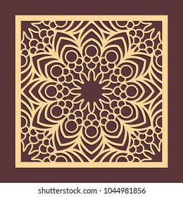 Laser cutting panel. Golden floral pattern. Gift or favor box silhouette ornament. Vector coaster design for metal, wood, paper work.