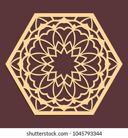 Laser cutting panel. Golden floral pattern. Gift or favor box silhouette ornament. Vector hexagonal coaster design for metal, wood, paper work.