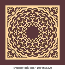 Laser cutting panel. Golden floral pattern. Gift or favor box silhouette ornament. Vector coaster design for metal, wood, paper work.