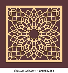 Laser cutting panel. Golden floral pattern. Gift or favor box silhouette ornament. Vector coaster design for metal, wood, paper work.