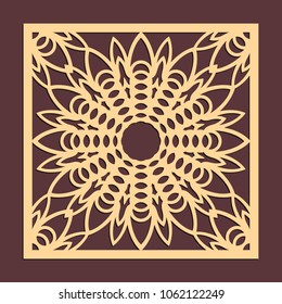 Laser cutting panel. Golden floral pattern. Gift or favor box silhouette ornament. Vector coaster design for metal, wood, paper work.