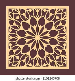 Laser cutting panel. Golden floral pattern. Gift or favor box silhouette ornament. Vector coaster design for metal, wood, paper work.