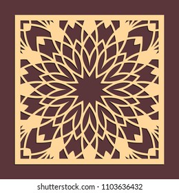 Laser cutting panel. Golden floral pattern. Gift or favor box silhouette ornament. Vector coaster design for metal, wood, paper work.