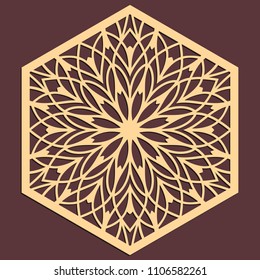 Laser cutting panel. Golden floral pattern. Gift or favor box silhouette ornament. Vector hexagonal coaster design for metal, wood, paper work.