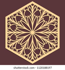 Laser cutting panel. Golden floral pattern. Gift or favor box silhouette ornament. Vector hexagonal coaster design for metal, wood, paper work.