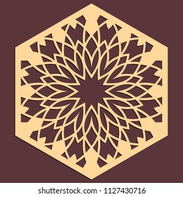 Laser cutting panel. Golden floral pattern. Gift or favor box silhouette ornament. Vector hexagonal coaster design for metal, wood, paper work.