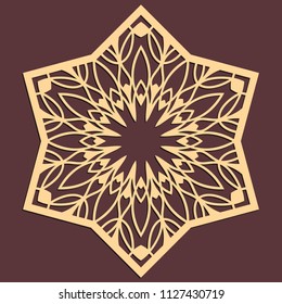 Laser cutting panel. Golden floral pattern. Gift or favor box silhouette ornament. Vector hexagonal coaster design for metal, wood, paper work.
