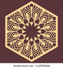 Laser cutting panel. Golden floral pattern. Gift or favor box silhouette ornament. Vector hexagonal coaster design for metal, wood, paper work.