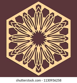 Laser cutting panel. Golden floral pattern. Gift or favor box silhouette ornament. Vector hexagonal coaster design for metal, wood, paper work.