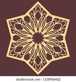 Laser cutting panel. Golden floral pattern. Gift or favor box silhouette ornament. Vector hexagonal coaster design for metal, wood, paper work.
