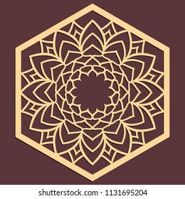 Laser cutting panel. Golden floral pattern. Gift or favor box silhouette ornament. Vector hexagonal coaster design for metal, wood, paper work.