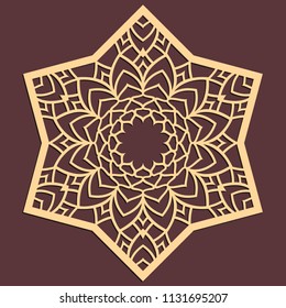 Laser cutting panel. Golden floral pattern. Gift or favor box silhouette ornament. Vector hexagonal coaster design for metal, wood, paper work.