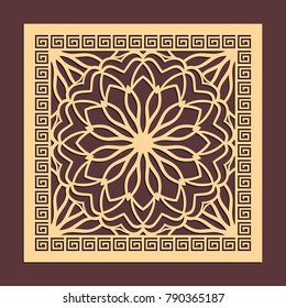 Laser cutting panel. Golden floral pattern. Gift or favor box silhouette ornament. Vector coaster design for metal, wood, paper work.