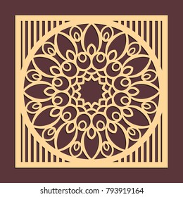Laser cutting panel. Golden floral pattern. Gift or favor box silhouette ornament. Vector coaster design for metal, wood, paper work.