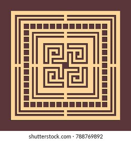 Laser cutting panel. Golden meander pattern. Gift or favor box silhouette ornament. Vector coaster design for metal, wood, paper work.
