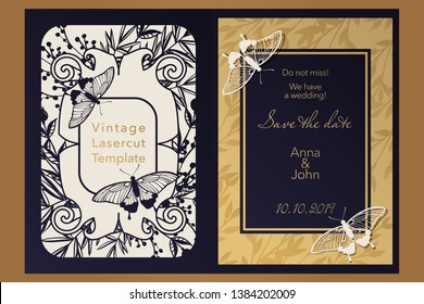 Laser cutting paper for weddings. Floral design envelope, covers, folders, invitation, save the date, square frame for gift and congratulations. Openwork cut of paper, cardboard, wood, plastic.