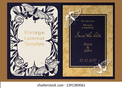 Laser cutting paper for weddings. Floral design envelope, covers, folders, invitation, save the date, square frame for gift and congratulations. Openwork cut of paper, cardboard, wood, plastic.