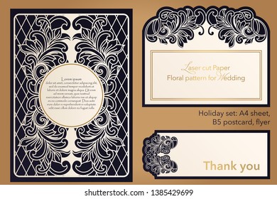 Laser cutting paper for weddings. Flower design for A4 letterhead, envelope, cover, folder, invitation, square frame for writing and greetings. Openwork cut paper for paper, cardboard. Place for text.