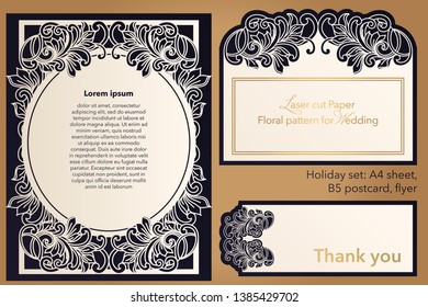 Laser cutting paper for weddings. Flower design for A4 letterhead, envelope, cover, folder, invitation, square frame for writing and greetings. Openwork cut paper for paper, cardboard. Place for text.