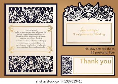 Laser cutting paper for weddings. Flower design for A4 letterhead, envelope, cover, folder, invitation, square frame for writing and greetings. Openwork cut paper for paper, cardboard. Place for text.
