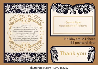 Laser cutting paper for weddings. Flower design for A4 letterhead, envelope, cover, folder, invitation, square frame for writing and greetings. Openwork cut paper for paper, cardboard. Place for text.