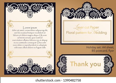 Laser cutting paper for weddings. Flower design for A4 letterhead, envelope, cover, folder, invitation, square frame for writing and greetings. Openwork cut paper for paper, cardboard. Place for text.