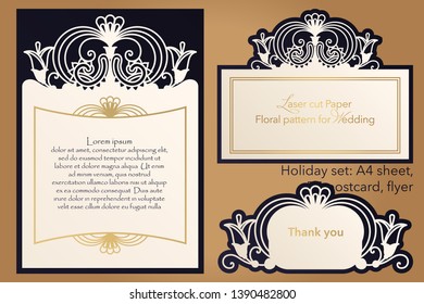 Laser cutting paper for weddings. Flower design for A4 letterhead, envelope, cover, folder, invitation, square frame for writing and greetings. Openwork cut paper for paper, cardboard. Place for text.