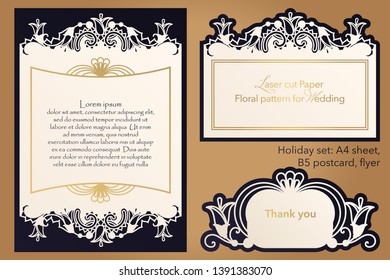 Laser cutting paper for weddings. Flower design for A4 letterhead, envelope, cover, folder, invitation, square frame for writing and greetings. Openwork cut paper for paper, cardboard. Place for text.