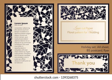 Laser cutting paper for weddings. Flower design for A4 letterhead, envelope, cover, folder, invitation, square frame for writing and greetings. Openwork cut paper for paper, cardboard. Place for text.