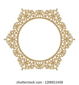Laser cutting photo frame. Decorative round template for design. Vector geometric vintage metal border. Oriental ornamental lace, golden silhouette. Circular pattern in arabesque style. Napkin stencil