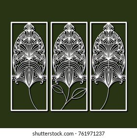laser cutting rectangular frames with decorative feather forms in olive color background