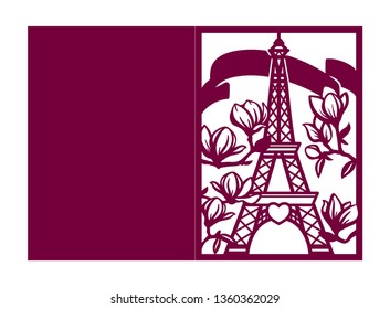Laser cutting romantic template. Wedding invitation or greeting card with Paris Eiffel tower and blooming magnolia. Valentines day fold envelope. I love Paris die cut silhouette. Vector illustration.