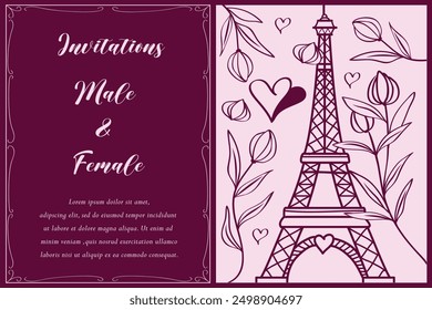 Laser cutting romantic template. Wedding invitation or greeting card with Paris Eiffel tower and blooming magnolia. Valentines day fold envelope. I love Paris die cut silhouette. Vector illustration