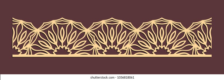 Laser Schneiden nahtlose Grenze. Wandteppich. Jigsaw stirbt im Schnitt. Lacy ausgeschnittene Silhouette-Schablone. Blumenmuster von Fretwork. Vektorillustration für Papierschneiden, Metall- und Holzschnitt.