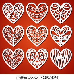 Laser cutting set of hearts. Valentines day decoration for your design. Various lace fretwork hearts for paper cutting, wood carving and christmas decorations. Valentines day's decore. Filigree hearts