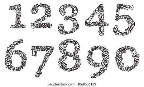 Laser cutting. Set of numbers with floral template. Hand lettering perfect for calendar or greeting cards. Monochrome style islolated on white background.